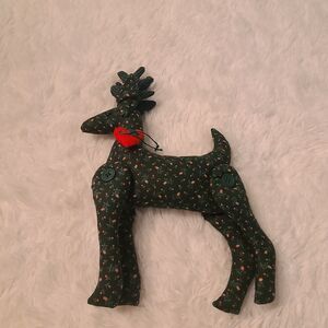 VTG Handmade Reindeer in Green Fabric Christmas Decoration Stuffed Cloth